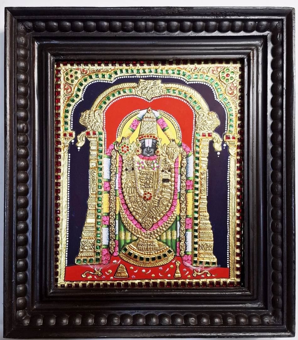 Handpainted Balaji Tanjore Painting with 22K gold foil, Jaipur rhinestones and teakwood frame. Traditional South Indian Hindu wall art, 15x13 inches. Perfect for puja room or Diwali gift. Ships free from India.