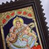 Saraswathi Tanjore Painting with Frame 22 Karat Gold Foils Teakwood Brown Frame Painting for Pooja Room Ready to Ship