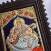 Saraswathi Tanjore Painting with Frame 22 Karat Gold Foils Teakwood Brown Frame Painting for Pooja Room Ready to Ship