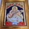 Saraswathi Tanjore Painting with Frame 22 Karat Gold Foils Teakwood Brown Frame Painting for Pooja Room Ready to Ship