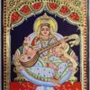 Saraswathi Tanjore Painting with Frame 22 Karat Gold Foils Teakwood Brown Frame Painting for Pooja Room Ready to Ship