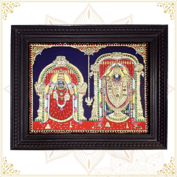 Balaji Padmavathi Tanjore painting with 22K gold foil and teakwood frame