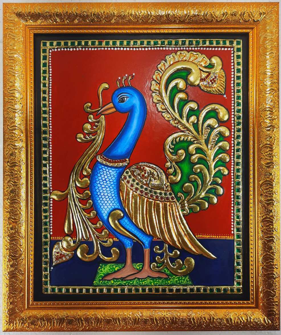 Peacock  Tanjore Painting 8 x 6  International Indian Folk Art Gallery