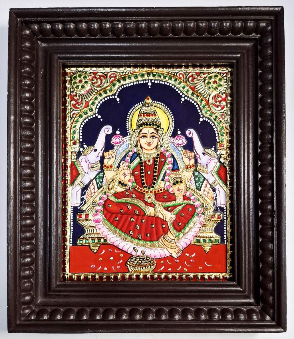 Gajalakshmi Tanjore painting with 22K gold foil and Jaipur stone in teakwood frame, 13×11 inches, traditional South Indian religious artwork.