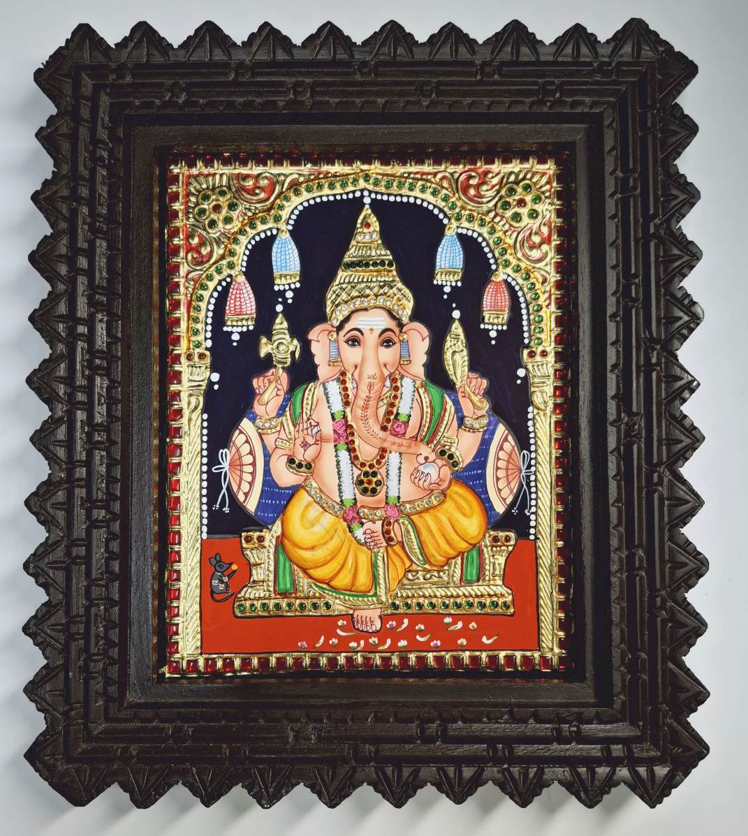 Handcrafted 13x11 inch Ganesha Tanjore Painting in frame – traditional Indian home decor, ready to ship, ideal for gifting.