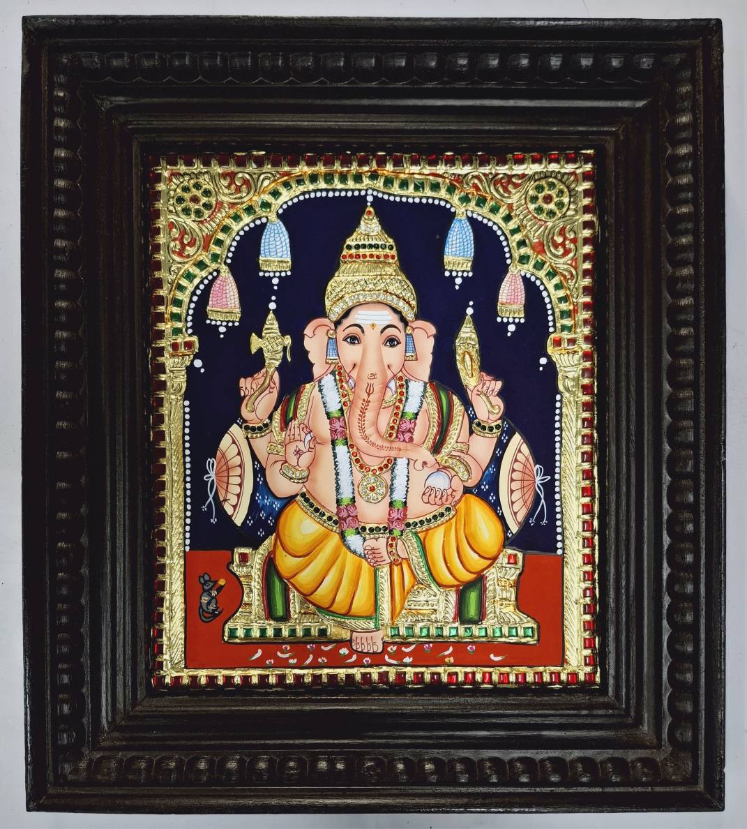 Handmade Ganesha Tanjore painting with 22K gold foil, adorned with Jaipur stones and framed in teak wood, traditional Indian artwork for pooja room or gifting, 15x13 inches, ready to ship.