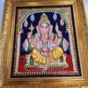 Ganesha Tanjore Painting 15" X 13" with 22K Gold Foils, Teakwood Frame, Jaipur Gemstones, Pooja Room Decor, Global Shipping, Ready to ship