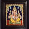 Ganesha Tanjore Painting 15" X 13" with 22K Gold Foils, Teakwood Frame, Jaipur Gemstones, Pooja Room Decor, Global Shipping, Ready to ship