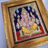 Ganesha Tanjore Painting 15" X 13" with 22K Gold Foils, Teakwood Frame, Jaipur Gemstones, Pooja Room Decor, Global Shipping, Ready to ship