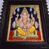 Ganesha Tanjore Painting 15" X 13" with 22K Gold Foils, Teakwood Frame, Jaipur Gemstones, Pooja Room Decor, Global Shipping, Ready to ship