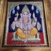 Ganesha Tanjore Painting 15" X 13" with 22K Gold Foils, Teakwood Frame, Jaipur Gemstones, Pooja Room Decor, Global Shipping, Ready to ship