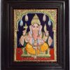 Ganesha Tanjore Painting 15" X 13" with 22K Gold Foils, Teakwood Frame, Jaipur Gemstones, Pooja Room Decor, Global Shipping, Ready to ship