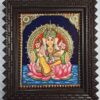 Handcrafted Ganesha Tanjore painting with 22K gold foil, Jaipur gem stones, and teakwood frame, traditional Indian religious décor for pooja room or gift, 15x13 inches.