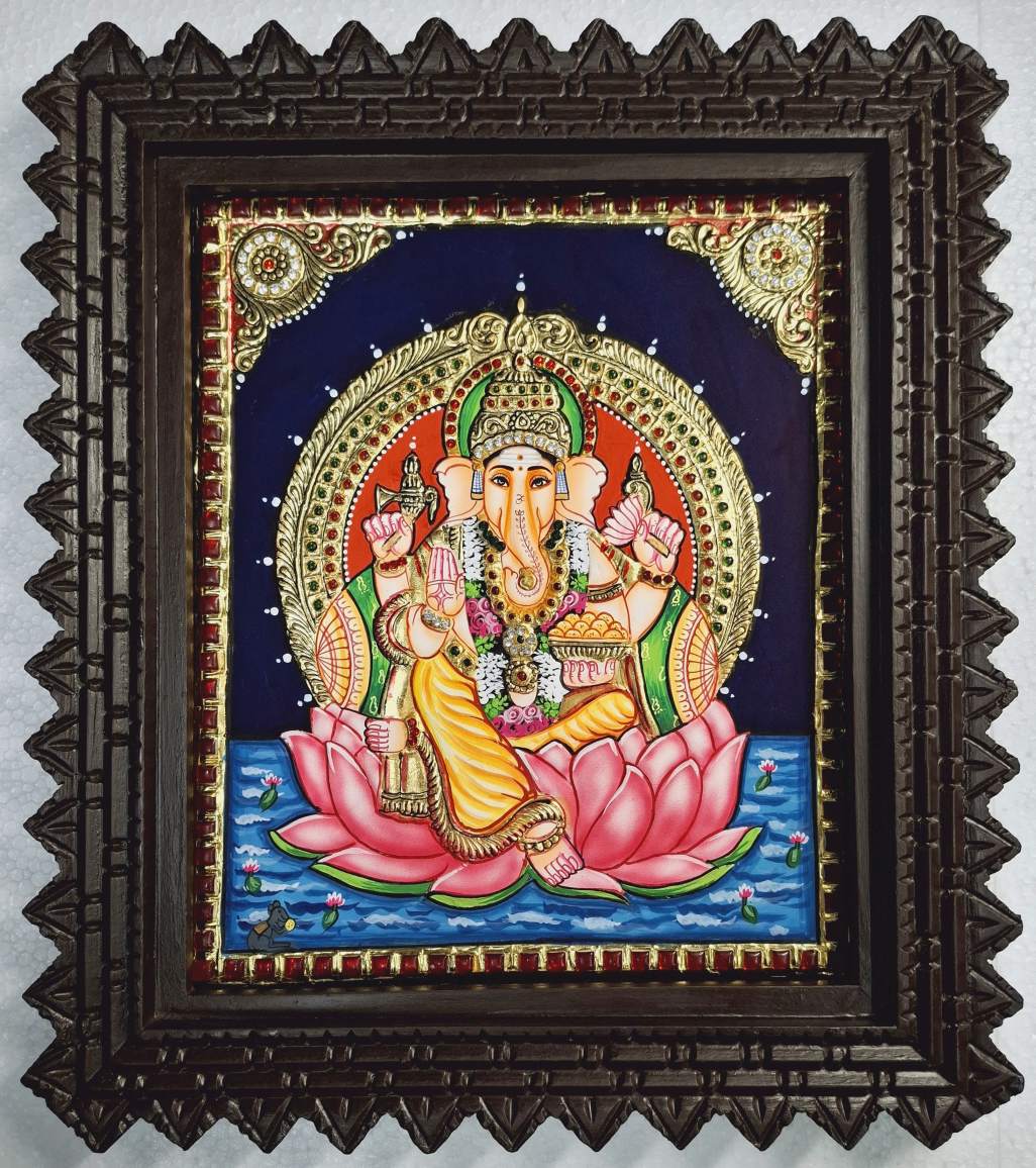 Handcrafted Ganesha Tanjore painting with 22K gold foil, Jaipur gem stones, and teakwood frame, traditional Indian religious décor for pooja room or gift, 15x13 inches.
