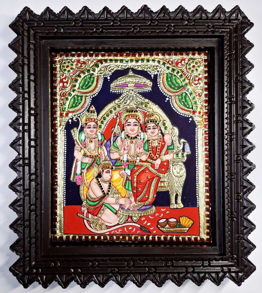 Ram Darbar Tanjore Painting with 22K gold foil and teakwood frame, 15x13 inches, handmade Indian devotional artwork.