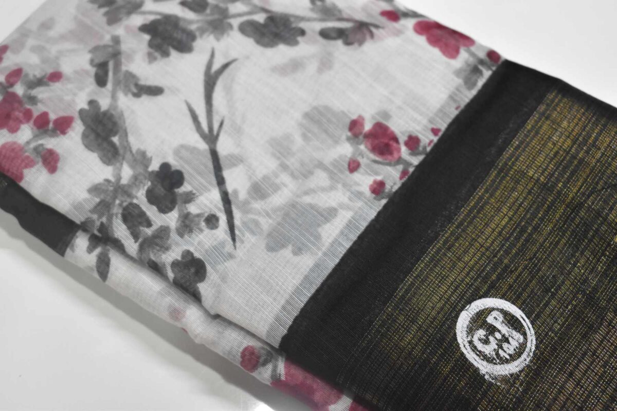 Linen Cotton Saree White Black Flower
