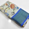 Linen Cotton Saree White Blue Flower