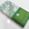 Linen Cotton Saree White Green Flower