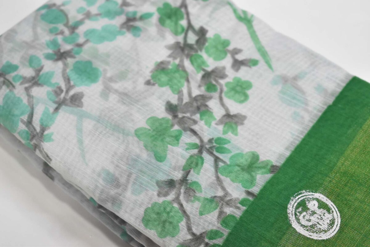 Linen Cotton Saree White Green Flower