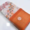 Linen Cotton Saree White Orange Flower]