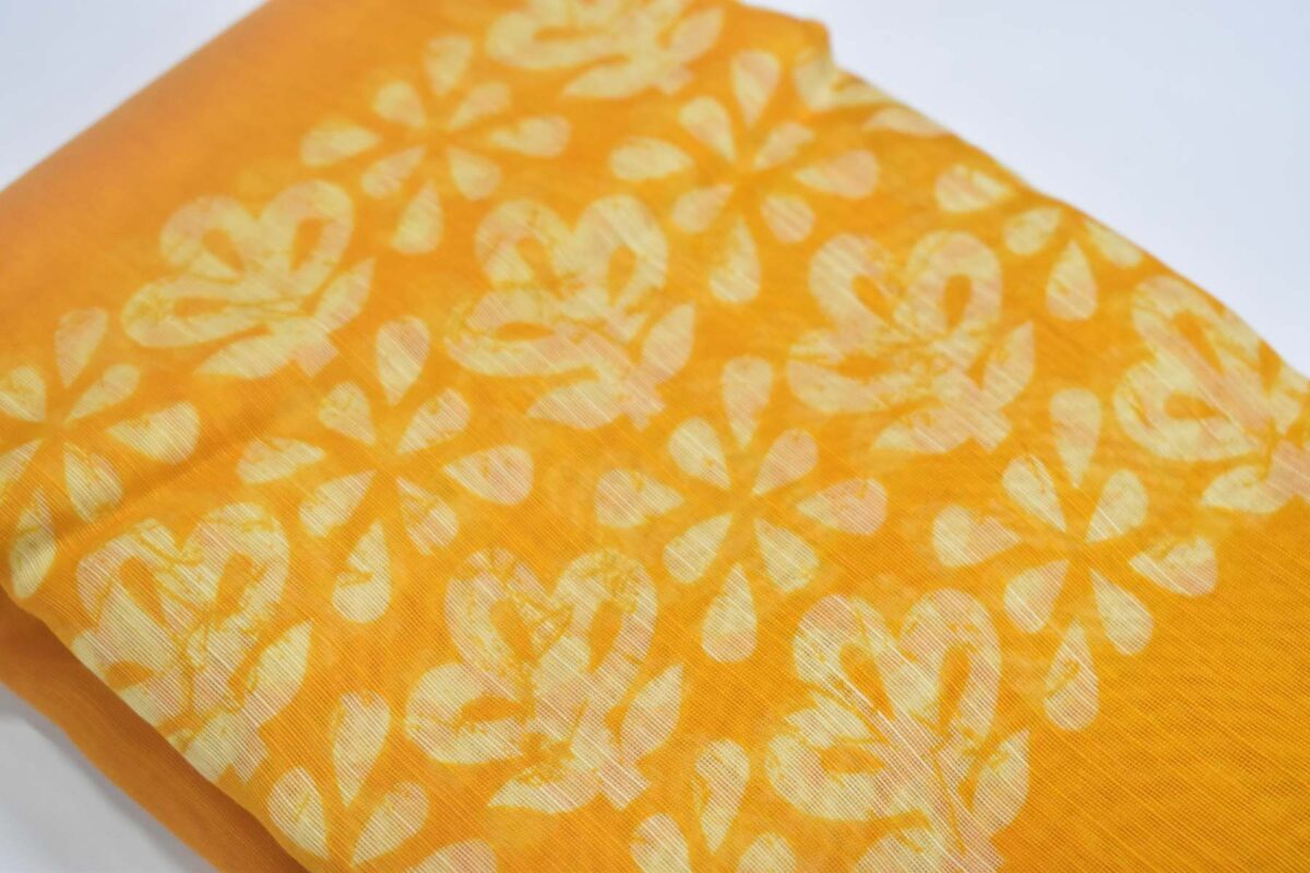 Linen Cotton Saree Yellow White Flower