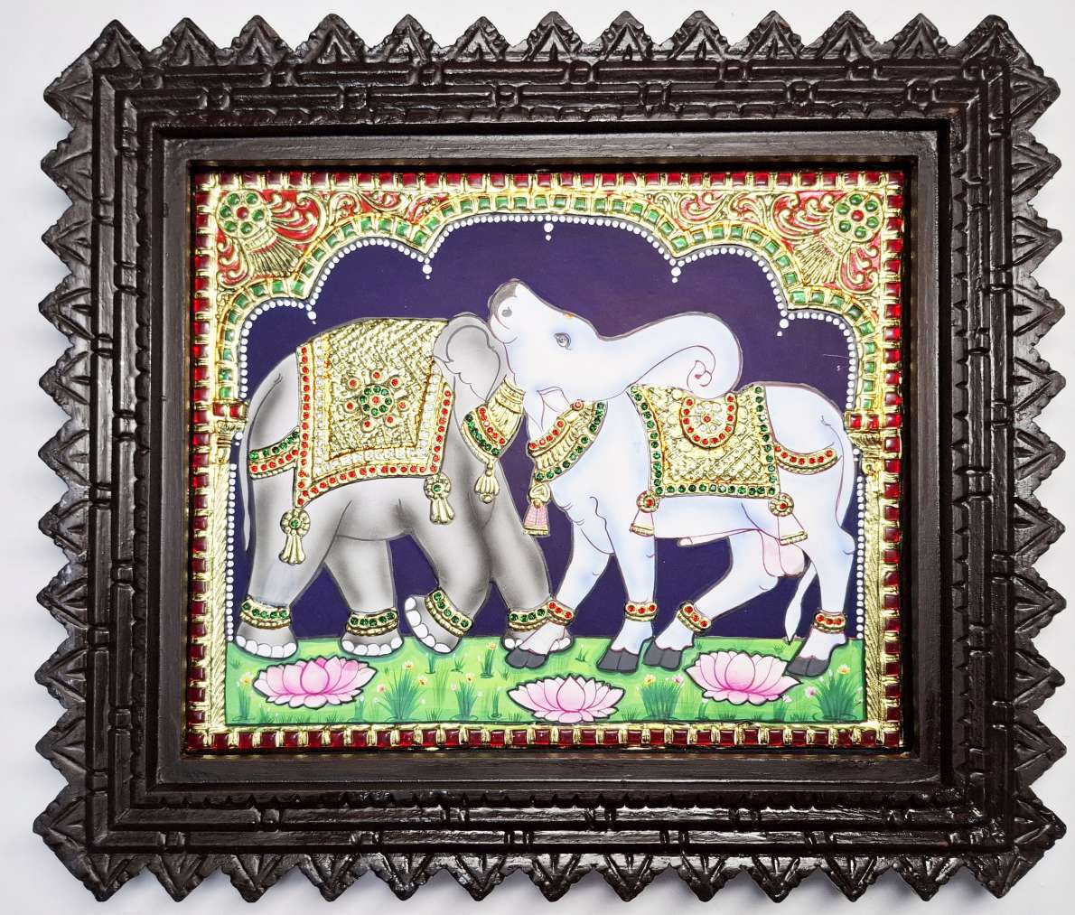 Elephant and cow tanjore painting with 22k gold foil teakwood frame Indian wall art