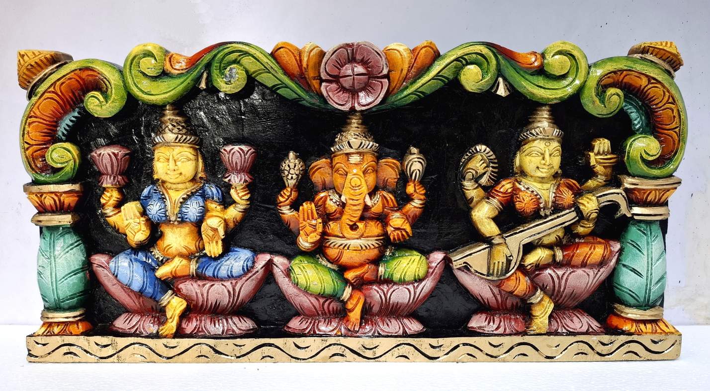 24 Inch Wooden Wall Panel of Ganesha with Lakshmi and Saraswati – Hand-Carved Temple Decor for Home or Pooja Room