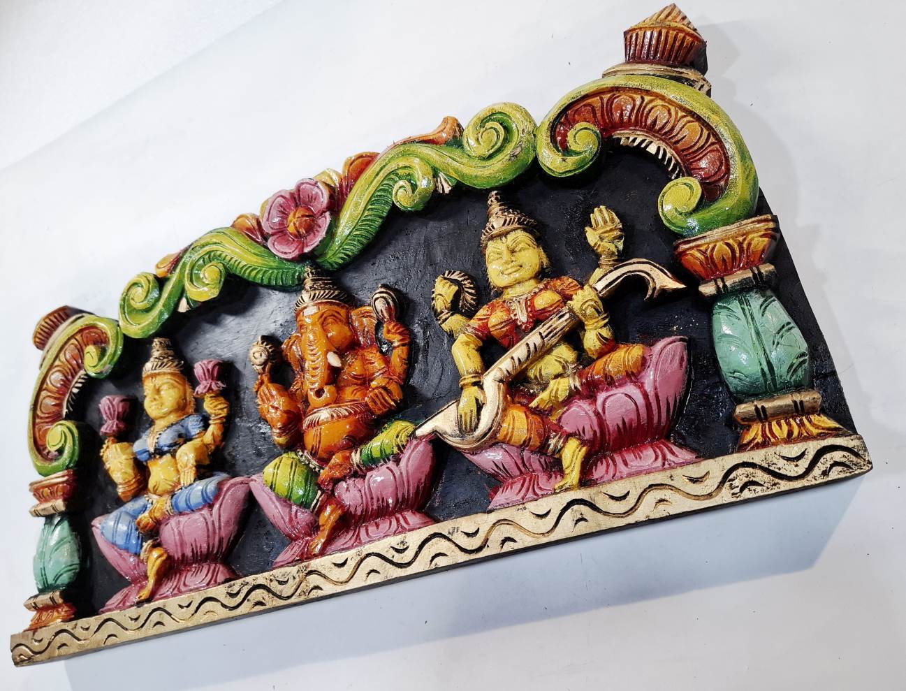 Wooden Ganesha Lakshmi Saraswati Wall Panel