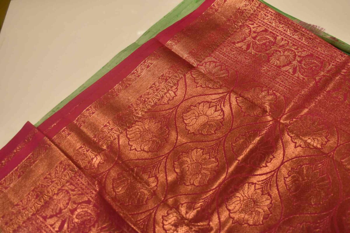 Bangalori Silk Saree spring green color body with hot pink border in copper zari