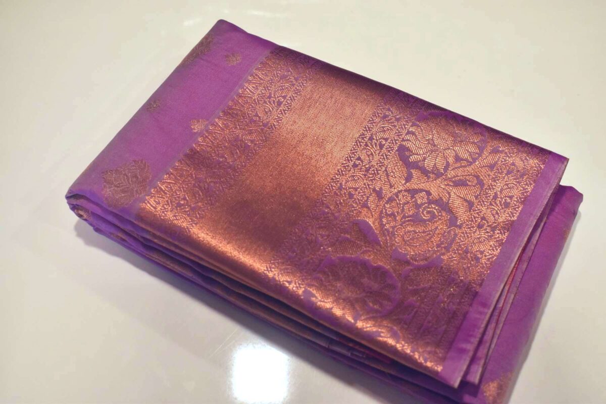 Bangalori Silk Saree purple color body with hot pink border in copper zari