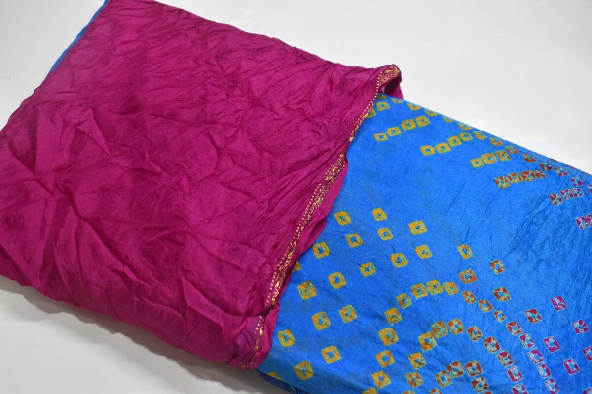 Jaipur Bandhani Saree in Blue body color with Pink zari border