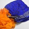 Jaipur Bandhani Saree in Solid blue color with zari border and Mustard Yellow blouse attached