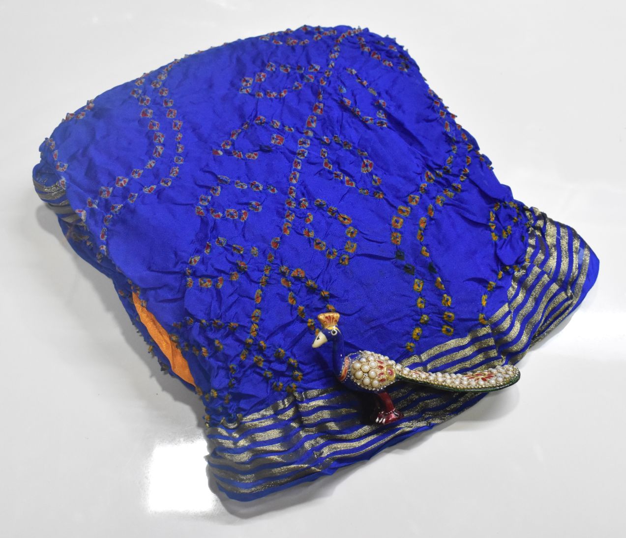 Jaipur Bandhani Saree in Solid blue color with zari border and Mustard Yellow blouse attached