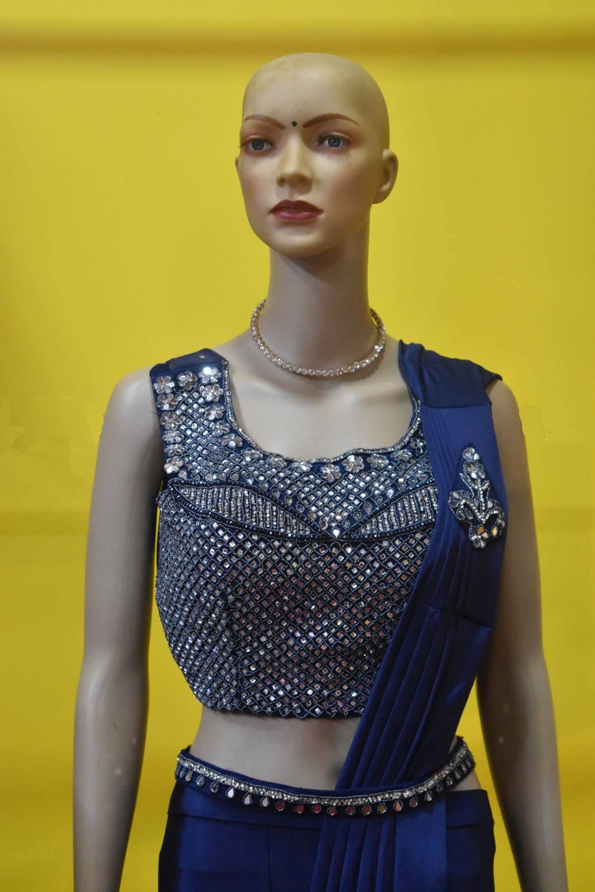 Party Wear Pre-Stitched Saree Navy Blue
