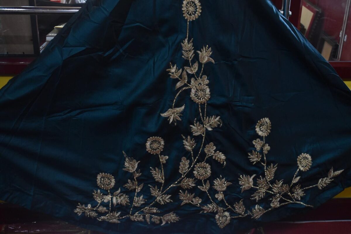  Myraa Peacock Blue Color Long Gown Dress With Zari Embroidery Works