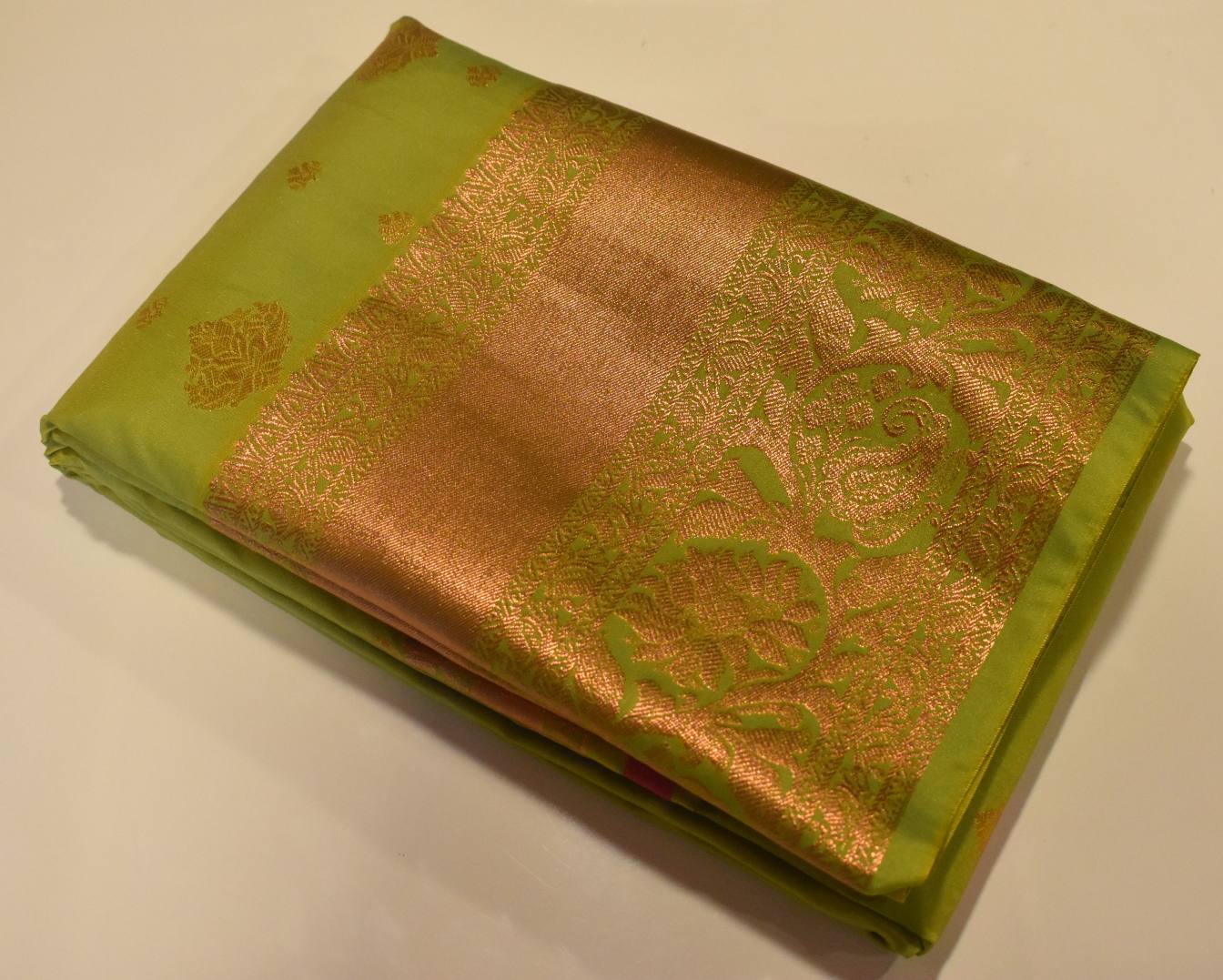 Bangalori Silk Saree olive green color body with hot pink border in copper zari