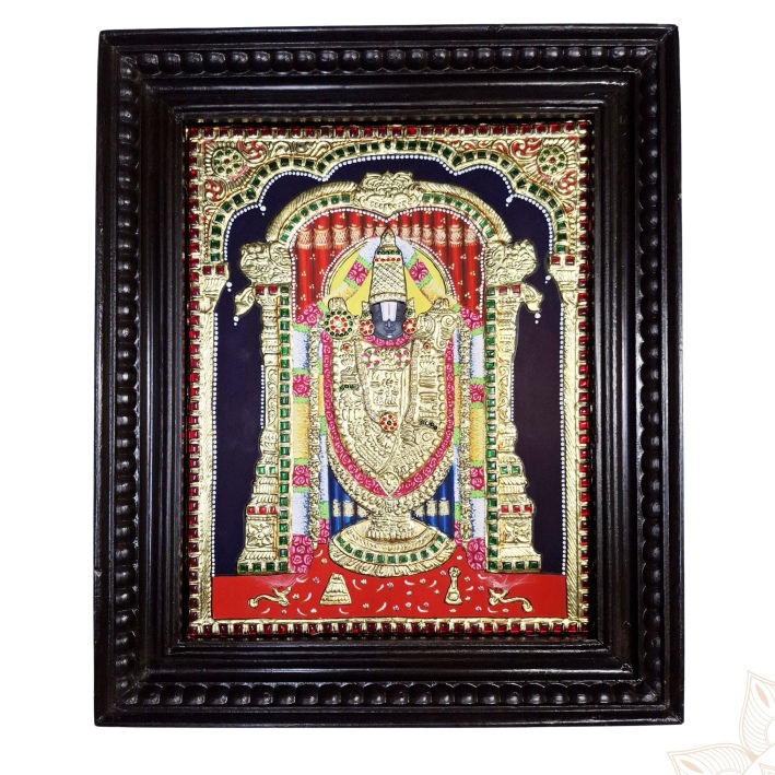 Hand-painted Balaji Tanjore Painting with 22C gold foil in teakwood frame, 18x15 inches wall art.