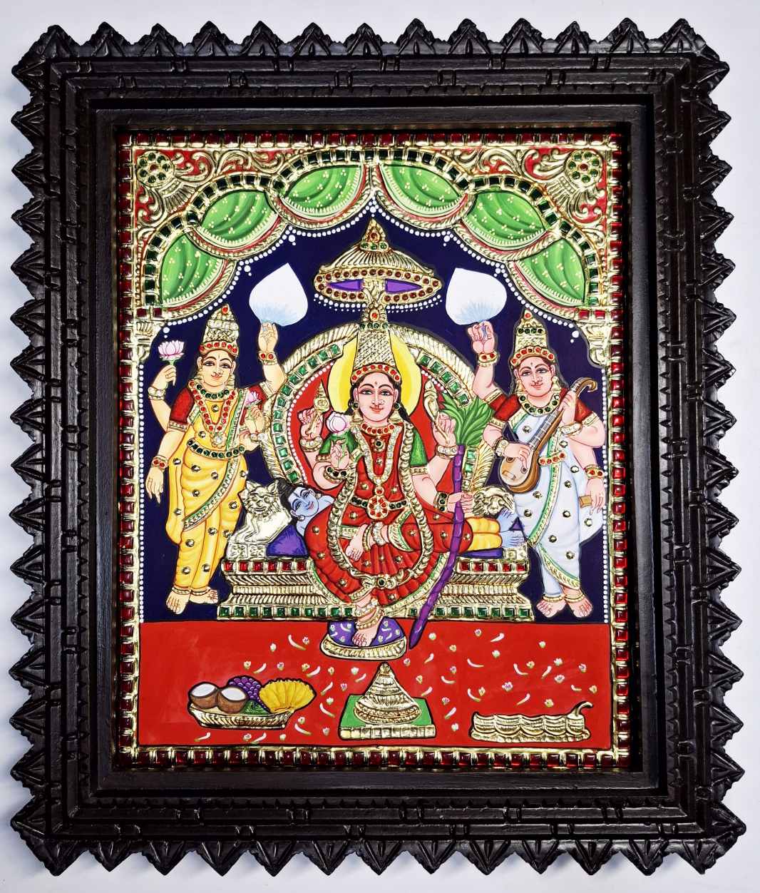 Handmade Tanjore painting of Lalitha Devi with 22Ct gold foil, Jaipur stones, and Chettinadu teakwood frame, 18x15 inch, traditional Thanjavur art