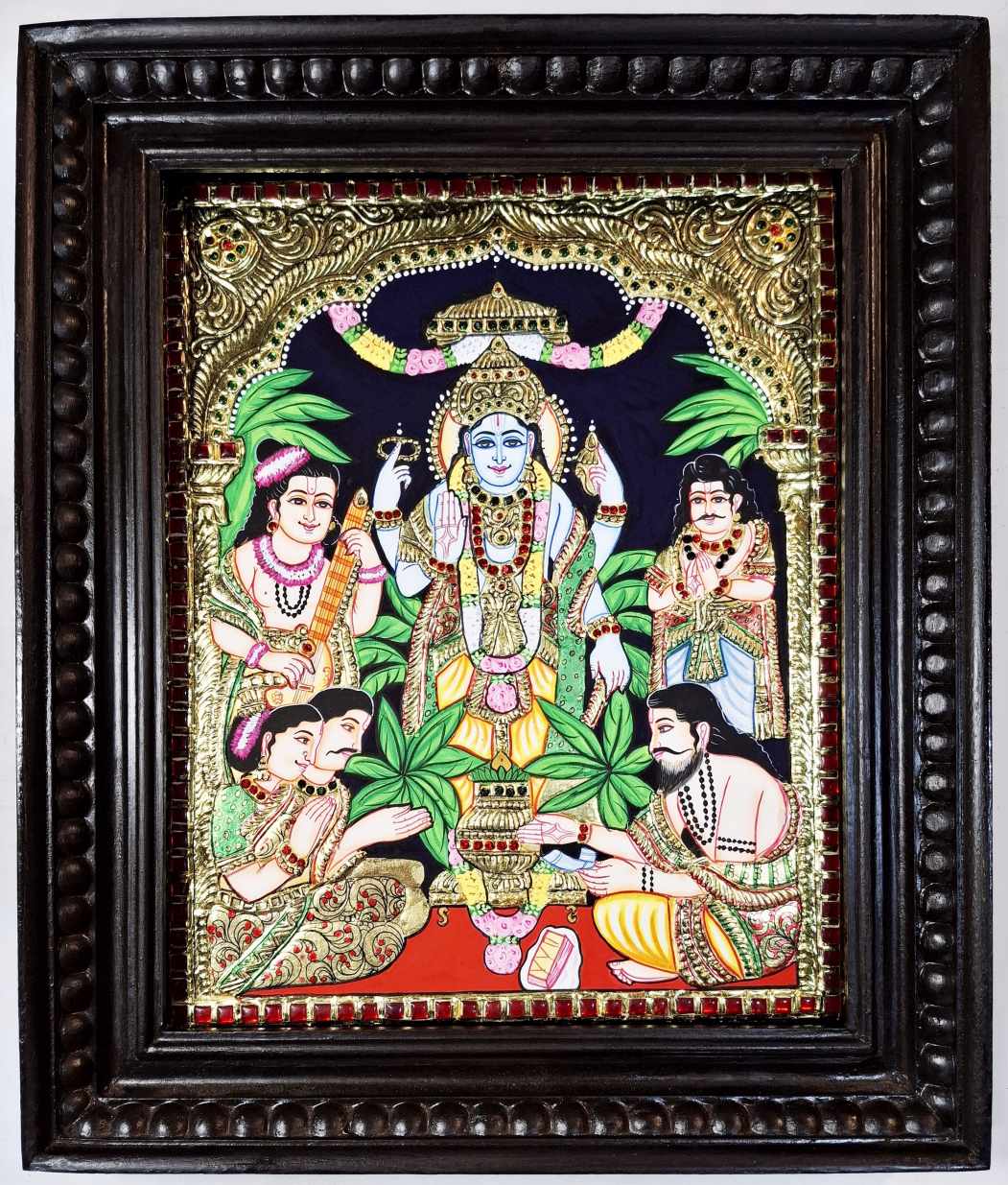 Satyanarayana Tanjore painting with 22K gold foil, Jaipur stones, and teakwood frame, 18×15 inches, traditional Indian divine artwork.