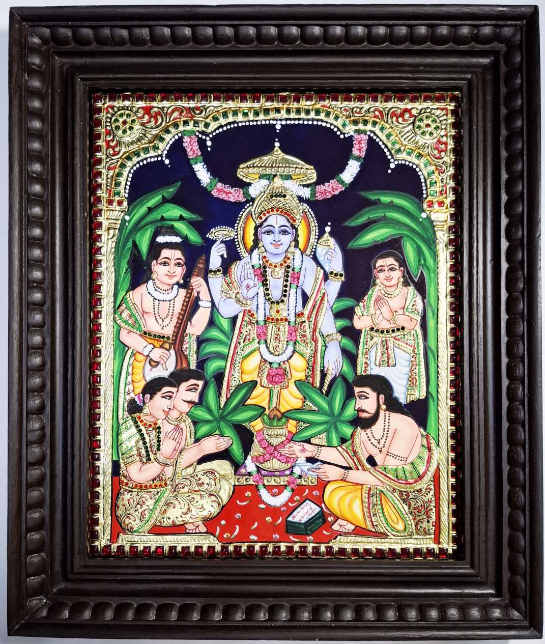 Satyanarayana Tanjore painting with 22K gold foil, Jaipur stones, and teakwood frame, 18×15 inches, traditional Indian divine artwork.