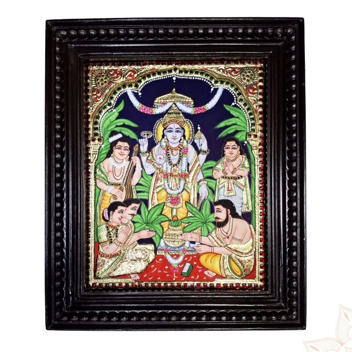 Satyanarayana Tanjore painting with 22K gold foil, Jaipur stones, and teakwood frame, 18×15 inches, traditional Indian divine artwork.