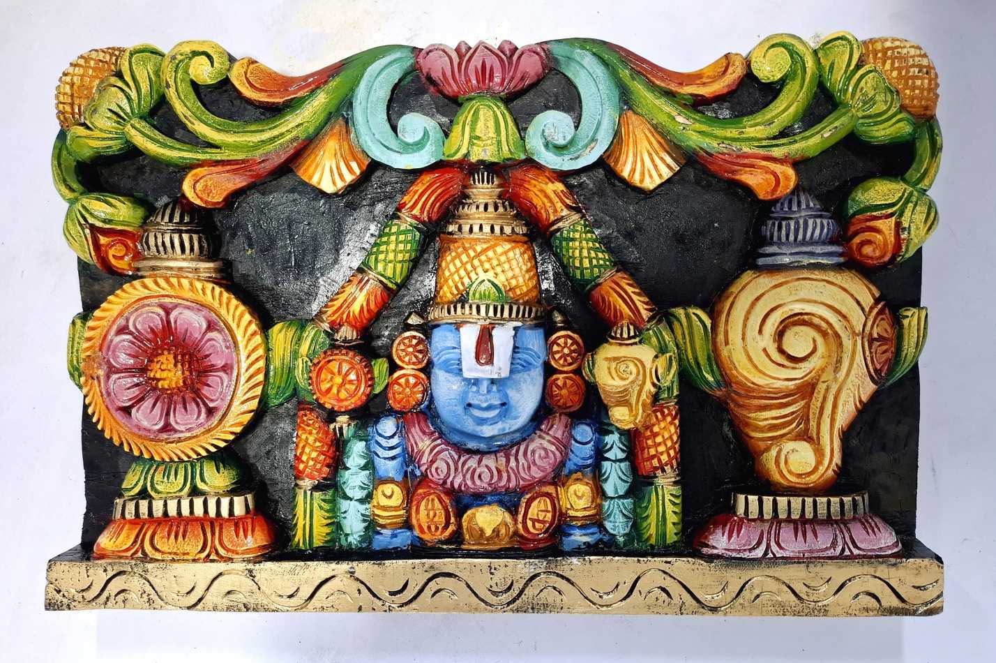 18-inch multicolor hand-painted Balaji wooden wall panel – South Indian handmade bust carving for home temple or spiritual décor.