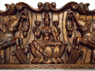 24 Inch Wooden Gajalakshmi Wall Panel – Antique Style Hand-Painted Lakshmi Deity Wall Hanging for Home and Temple