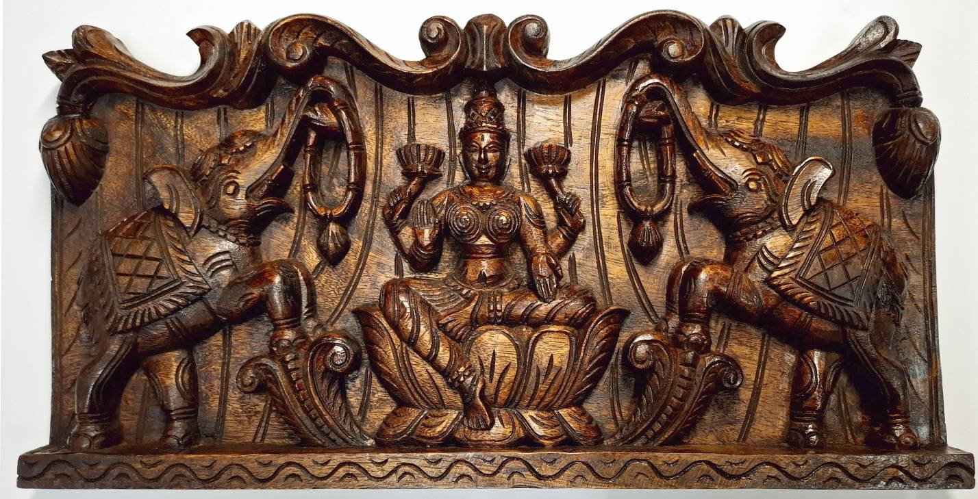24 Inch Wooden Gajalakshmi Wall Panel – Antique Style Hand-Painted Lakshmi Deity Wall Hanging for Home and Temple