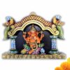 Hand-carved wooden Ganesha wall panel in multicolor finish, South Indian wood carving decor for pooja room and home