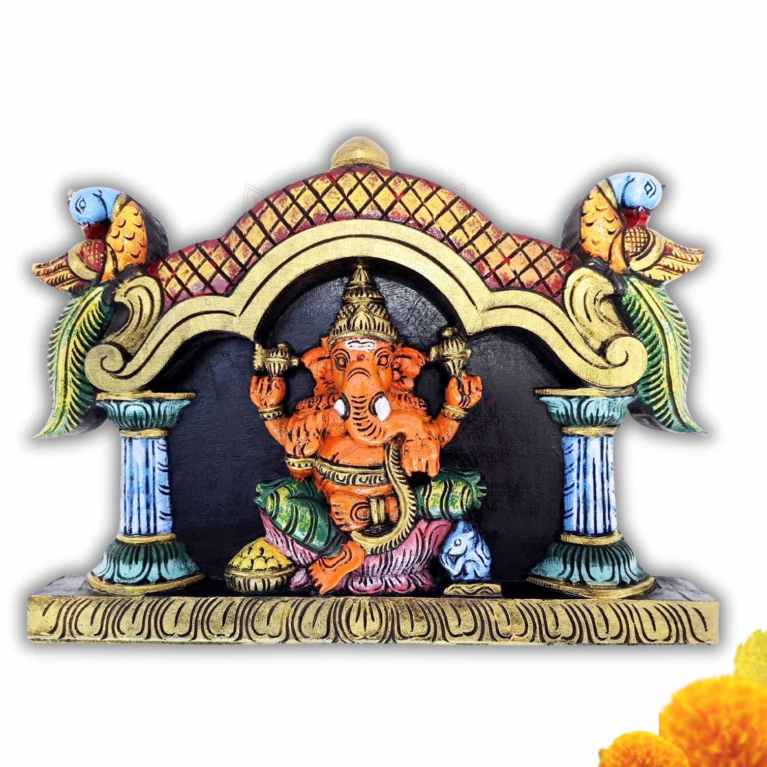 Hand-carved wooden Ganesha wall panel in multicolor finish, South Indian wood carving decor for pooja room and home