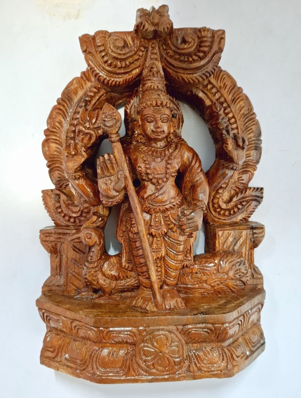 Hand-carved wooden Murugan idol, 12-inch brown finish, South Indian traditional statue for pooja room décor – JLine Arts