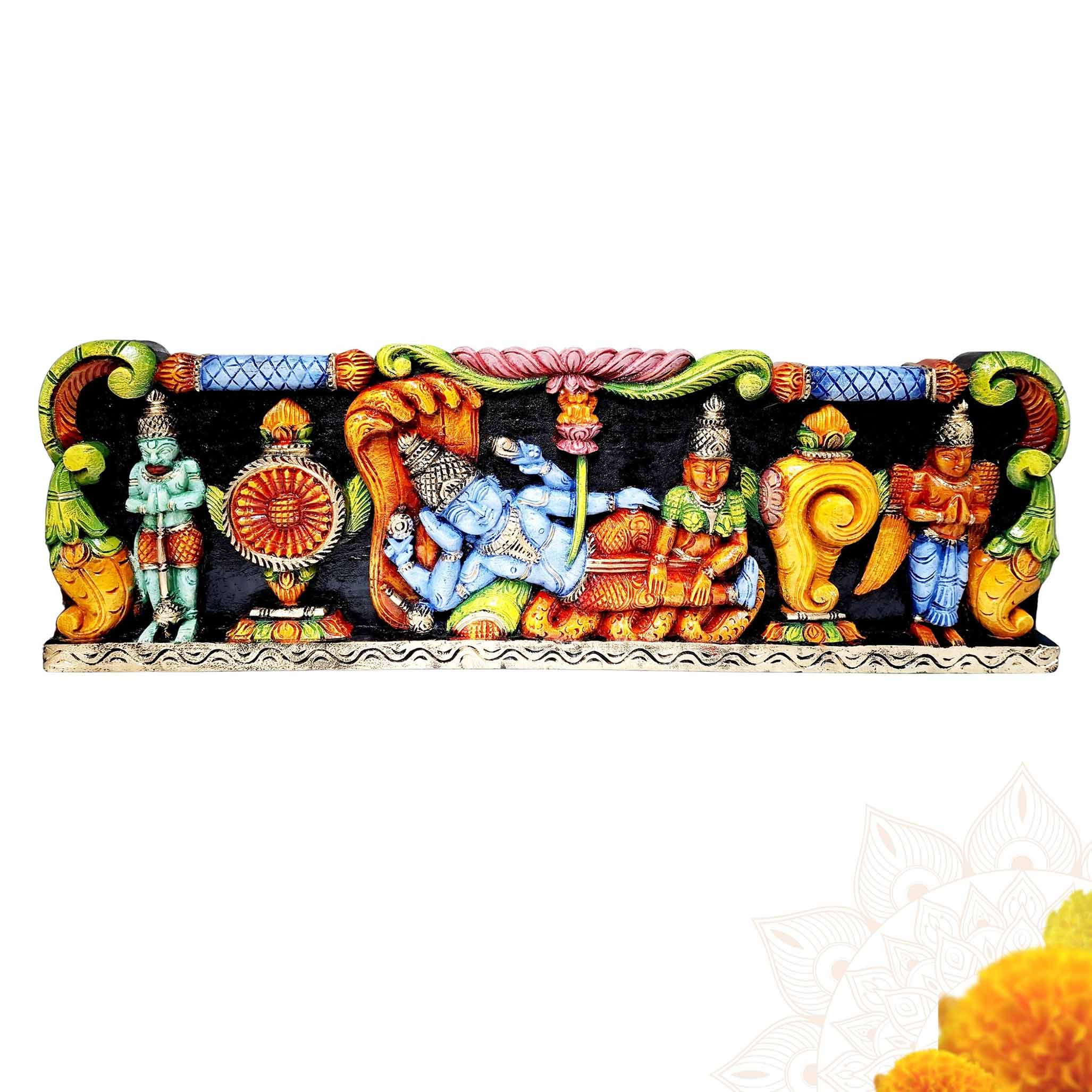 Hand-carved 36-inch multicolor wooden Vishnu Lakshmi wall panel, South Indian Ranganatha temple-style artwork for home, pooja room, and traditional décor.