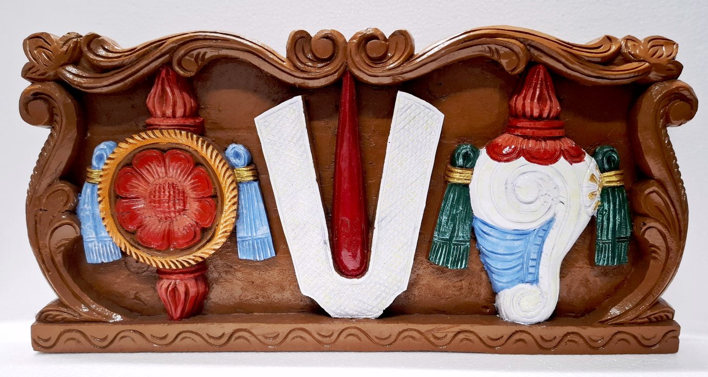 Handcrafted Wooden Wall Panel Shanku Chakra Naamam | 24 Inch Solid Wood Balaji Symbol | South Indian Temple Doorway & Pooja Room Décor