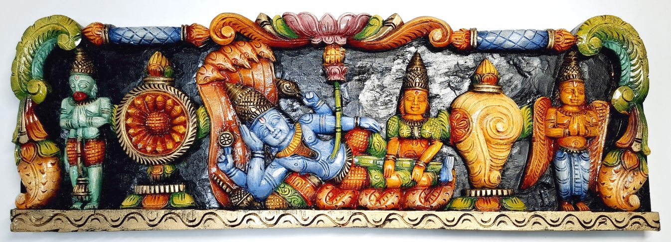 36-inch handmade multi-color wooden Ranganatha Vishnu Balaji wall panel with intricate South Indian wood carving, ideal for main door or home decor.